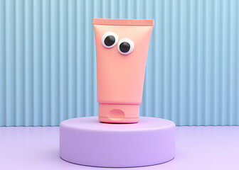 Pastel coral tube with googly eyes on lavender podium, set against light blue corrugate background in 3D playful modern design.