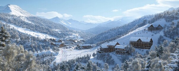 Wall Mural - A ski resort nestled in the mountains, with slopes and snowladen trees in a wide panoramic view