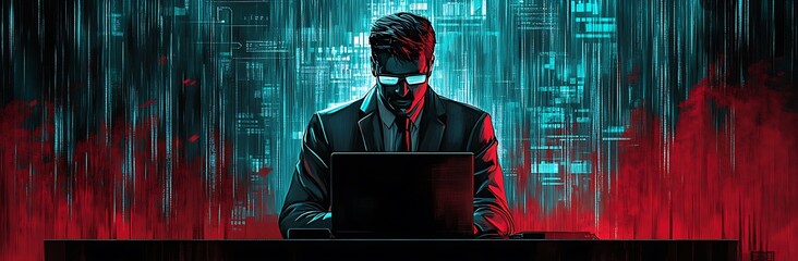 Corporate Hacker sitting at a desk with a laptop in front of him Cyberpunk illustration of business man in suit and glasses digital code background vector art red blue colors Glitching Data Background