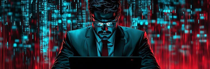 Corporate Hacker sitting at a desk with a laptop in front of him Cyberpunk illustration of business man in suit and glasses digital code background vector art red blue colors Glitching Data Background