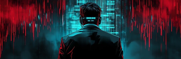Corporate Hacker sitting at a desk with a laptop in front of him Cyberpunk illustration of business man in suit and glasses digital code background vector art red blue colors Glitching Data Background