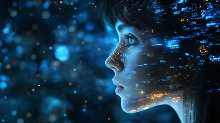 Poster - Profile of a woman surrounded by glowing digital technology, symbolizing the fusion of humanity and innovation in the futuristic digital age, Generative Ai