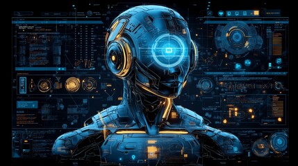 Leinwandbilder - Futuristic robot standing in a high-tech control center, surrounded by data screens, symbolizing advanced artificial intelligence and cybernetic systems, Generative Ai