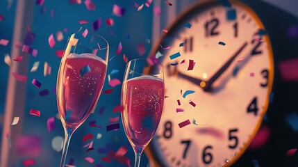  A clock adorned with confetti is accompanied by two champagne flutes filled with festive decorations