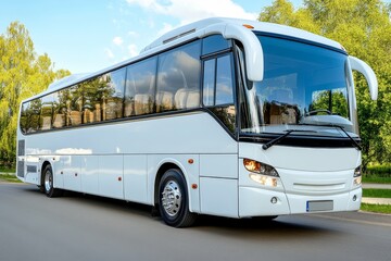 White coach bus driving on a road near green trees