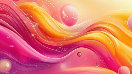 Wall Mural - An abstract wave pattern with vibrant shades of pink, orange, and yellow, featuring smooth curves and bubbles that create a modern and colorful aesthetic.