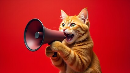 Ginger cat screaming into loudspeaker on red background