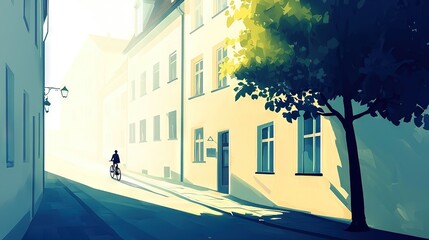   A man rides a bike down a street adjacent to a towering building with a tree along its side