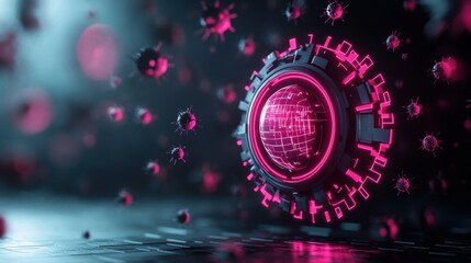 Wall Mural - a stylized graphic representing a digital shield protecting a glowing sphere of data from a swarm of