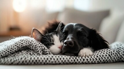 Wall Mural -   A monochrome pup sprawled across a blanket atop a white sofa, alongside a contrasting feline