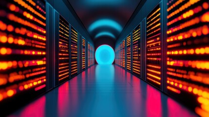 Wall Mural - a data server room with rows of blinking servers, highlighting the physical infrastructure of data s