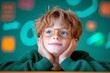 © ChaoticDesignStudio - Young boy with glasses thoughtfully posing at a classroom desk during a creative learning session