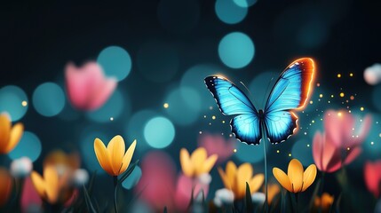 Wall Mural -   A blue butterfly soars above a field of vibrant tulips, bathed in golden light