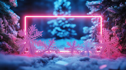 Wall Mural - A neon sign with a snow-covered forest in the background