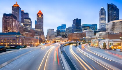 Dawn breaks over a deserted freeway in downtown Atlanta, Georgia, showcasing quiet urban landscapes and the promise of a new day