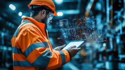 Worker in safety gear using a tablet in an industrial setting with digital overlays.