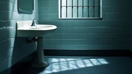 A white sink with a chrome faucet sits in a corner of a bathroom with blue tile walls and a barred window casting a shadow on the floor.