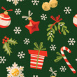 © Borisovna.art - Cristmas vector pattern. Candy cane, gift box, Christmas toys, holly, bells, mistletoe and snowflakes seamless wallpaper. Vector flat cartoon design.