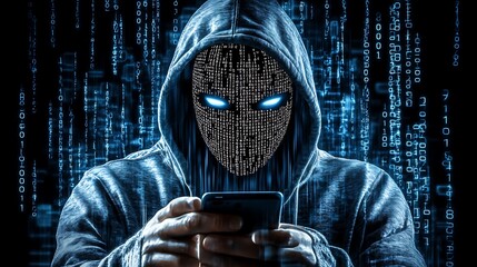hacker wearing white mask with binary code digital interface using smartphone to steal financial data double exposure data theft internet fraud darknet deepweb and cyber security concept. AI generated