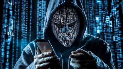hacker wearing white mask with binary code digital interface using smartphone to steal financial data double exposure data theft internet fraud darknet deepweb and cyber security concept. AI generated