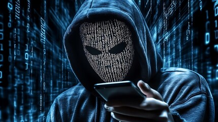 hacker wearing white mask with binary code digital interface using smartphone to steal financial data double exposure data theft internet fraud darknet deepweb and cyber security concept. AI generated