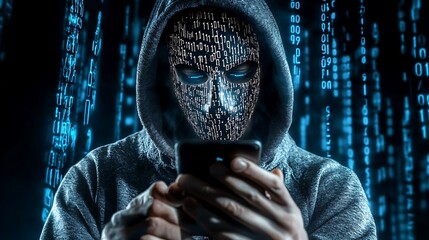 hacker wearing white mask with binary code digital interface using smartphone to steal financial data double exposure data theft internet fraud darknet deepweb and cyber security concept. AI generated