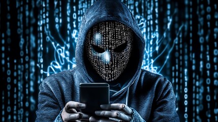 hacker wearing white mask with binary code digital interface using smartphone to steal financial data double exposure data theft internet fraud darknet deepweb and cyber security concept. AI generated