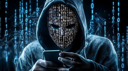 hacker wearing white mask with binary code digital interface using smartphone to steal financial data double exposure data theft internet fraud darknet deepweb and cyber security concept. AI generated