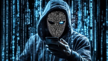 hacker wearing white mask with binary code digital interface using smartphone to steal financial data double exposure data theft internet fraud darknet deepweb and cyber security concept. AI generated