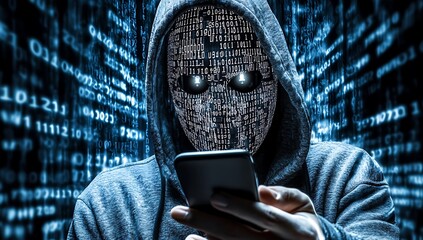 hacker wearing white mask with binary code digital interface using smartphone to steal financial dat