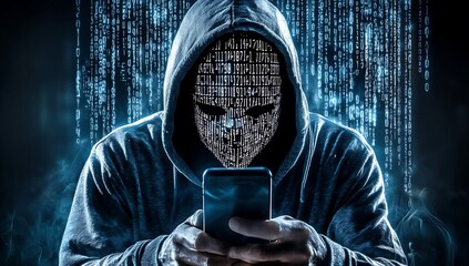 hacker wearing white mask with binary code digital interface using smartphone to steal financial data double exposure data theft internet fraud darknet deepweb and cyber security concept. AI generated