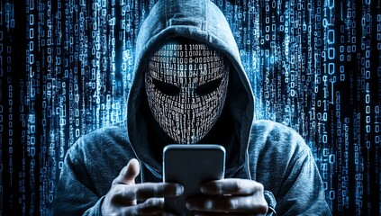 hacker wearing white mask with binary code digital interface using smartphone to steal financial data double exposure data theft internet fraud darknet deepweb and cyber security concept. AI generated