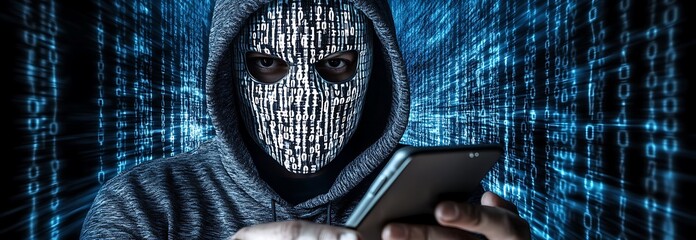 hacker wearing white mask with binary code digital interface using smartphone to steal financial data double exposure data theft internet fraud darknet deepweb and cyber security concept. AI generated