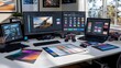 © Mohan - Graphic Designer's Desk with Color Swatches and Monitors.
