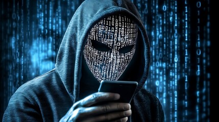 hacker wearing white mask with binary code digital interface using smartphone to steal financial data double exposure data theft internet fraud darknet deepweb and cyber security concept. AI generated