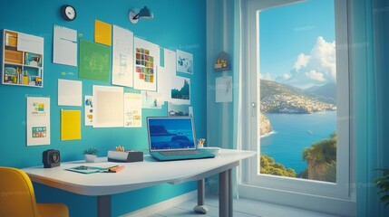 Modern home office interior with blue walls and a desk facing a window overlooking a panoramic view of the sea and mountains.