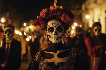 Wall Mural - A Dia de Muertos procession with people in ornate calavera costumes. 