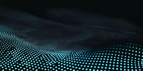 An abstract 3D curve halftone pattern with dots, particles, and wave shapes isolated on black background. Technology, science, music, and modern elements.