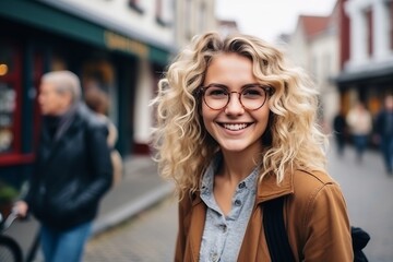 portrait of a beautiful young woman with curly hair and glasses on the street