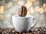 A solitary coffee bean, glistening in a handcrafted ceramic cup, surrounded by a cascade of soft, golden bokeh that illuminates the coffee's presence.