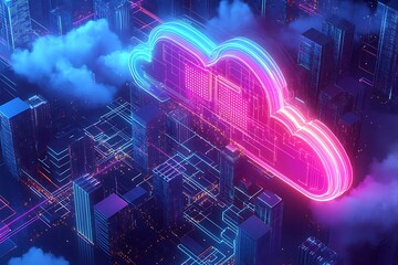 A cityscape with cloud computing. The cloud is surrounded by buildings and roads and it is glowing with Isometric big data neon color. Concept of futuristic technology and a bustling urban environment