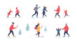 © RABBI - Winter vacation set. Families, children skating on ice, sledding, country houses. Flat vector illustrations.