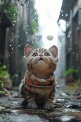 A wet cat in the city during a rainstorm