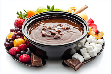 Chocolate fondue with fresh fruits, marshmallows, and chocolate pieces