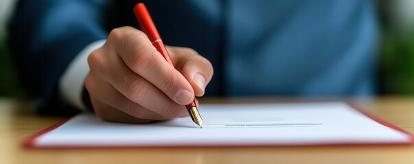 Close-up of a hand holding a pen, ready to sign a contract at the negotiation table, signing agreement, final stage of negotiation