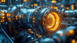 © Aliaksandra - Close-up of a futuristic cylindrical industrial engine glowing with orange lights, showcasing intricate mechanical details