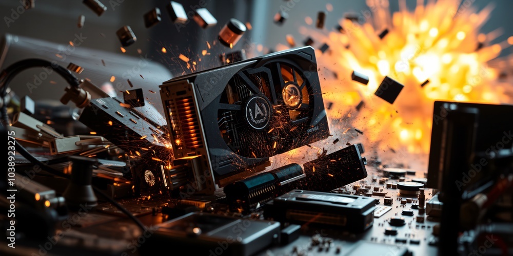 What Cgi Made Computer Explode Computer Hardware Graphic Card Explosion Chaos Technology Data Stock ...