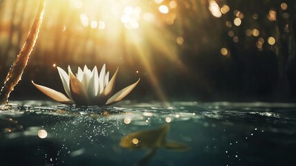 Canvas Print -   A white water lily floats atop a body of water adjacent to a dense forest filled with numerous trees