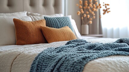 Wall Mural - Bedroom featuring a neatly made bed with textured pillows and blanket 