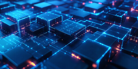 A futuristic composition of glowing blue cubes connected by thin lines, representing digital networks, data flow, and advanced technology. The geometric layout creates a sleek, modern feel